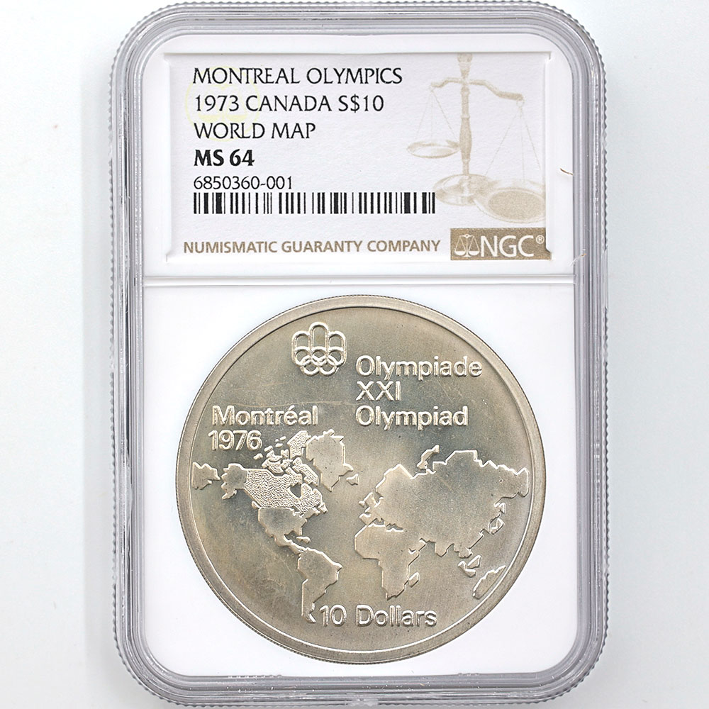 1973 カナダ 世界地図 モントリオールオリンピック 銀貨 $10 NGC MS 64